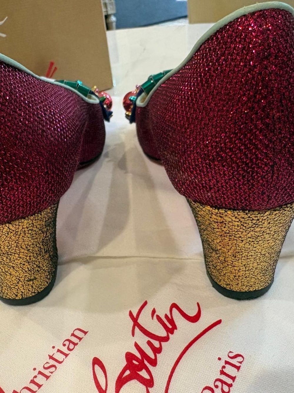 Christian Louboutin Red Glitter Pumps with Teal and Multicolor Embellishment - Picture 5 of 7